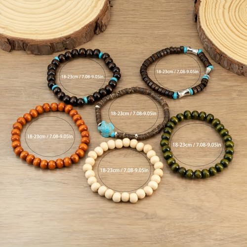 6-Piece, Boho Wooden Beaded Bracelet Set,Multi-Color withTurtle Charm, Unisex4