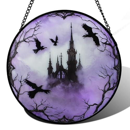 Image of Stained Glass Window Hanging - Halloween Gothic Castle Purple Smoke Suncatcher for Doors Garden Home Spooky Crow Sun Catchers Gothic Decor Horror Gift for Women Men Friend Boy Girl 7.8 in