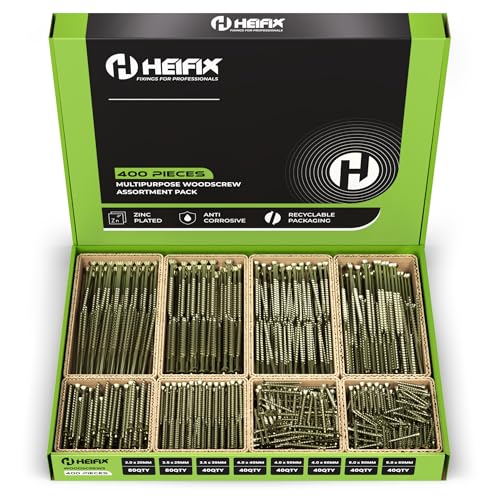 Heifix 400-Piece Wood Screw Assortment Set in Eco Storage Box - FREE Screw Bit Included - Double Countersunk, Pozi, Yellow Zinc, Heavy Duty - For DIY, Floorboard, Wood Fences