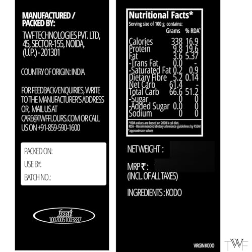 Image of TWF Kodo Flour | 500gm | Stone Ground | Not Pulverized | Kodra Atta | Naturally Gluten-Free | Virgin - Nutrient Rich