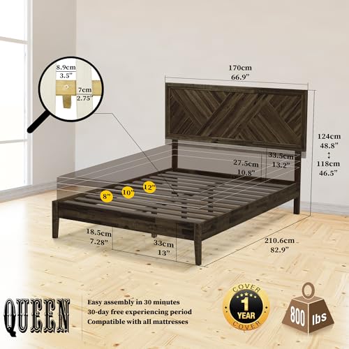 Image of Acacia Sierra Queen Solid Wood Bed Frame, Adjustable Headboard, Ebony