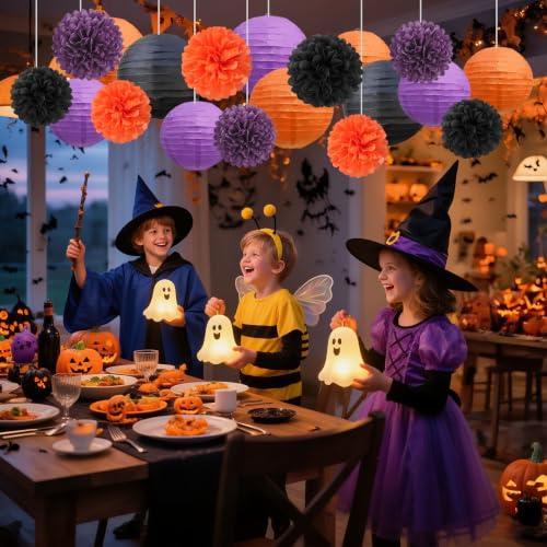 Image of 18 PCS Black Orange Purple Paper Lanterns & Tissue Paper Pom Poms for Halloween Birthday, Wedding, Hanging Paper Party Decoration Set for Indoor Outdoor Fall Celebration