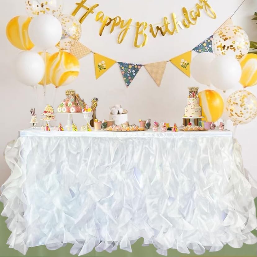 Image of Luxury Organza Mesh Table Skirt Draping Floating Romance - Perfect for Bridal Showers, Birthday Weddings - Clear Flowing Decoration for a Wonderful Main Cake Table (White-6ft, 72 inch Lx30 inch H)