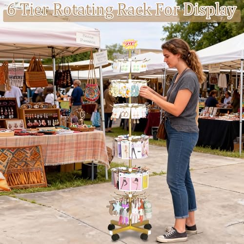 Image of Retail Display Stand Store Display Rack 6 Tier Metal Spinning Display Stand Rack with Wheels Keychain Jewelry Stocking Hat Stand with Hooks for Malls, Showroom, Retail Store (6 Tier Gold)