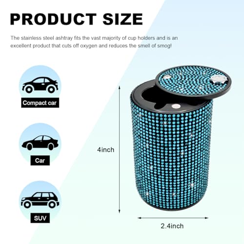 Image of Car Cigarette Ashtray with Lid, Stainless Steel Bling Crystal Diamond Smokeless Fireproof Vehicle Ashtray Holder, Portable Sparkling Ashtray Cup Holder for Car Home Office (Blue)