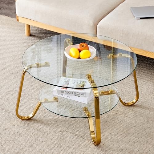 Table basse en verre, table basse ronde dorée, pour salon, chambre à coucher, table basse moderne avec verre trempé transparent, grande : 80 x 80 x 45 cm