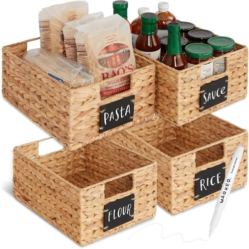 Wicker Storage Baskets, Natural Water Hyacinth Rectangular Wicker Shelf Storage Box with Handles, Decorative Hand Woven Bins for Storage Pantry Shelf Closet, Set of 4