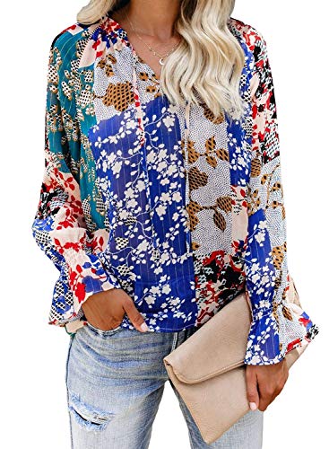 Astylish Women's Ladies Sexy V Neck Bohemian Floral Printed Long Sleeve Casual Tops and Blouses Multicolor Plus Size X-Large