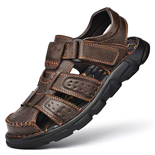 FIYIDYM Men's Sport Sandals Closed Toe Outdoor Handmade Leather Sandal Adjustable Summer Fisherman Beach Shoes