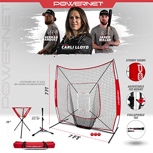Powernet 7X7 Dlx Practice Net + Deluxe Tee + Ball Caddy + 3 Pack Weighted Ball + Strike Zone Bundle | Baseball Softball Coach Pack | Pitching Batting Training Equipment Set | 7' X 7' (Red) #TOP1