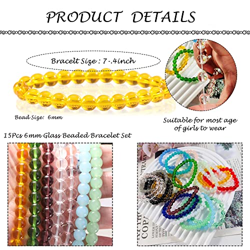 PIPITREE 15Pcs 6mm 8mm Beaded Stretch Bracelet Handmade Glass Bracelet for Women, Multicolor Crystal Round Beads Bracelet Elastic Bead Bracelets Pack Jewelry2