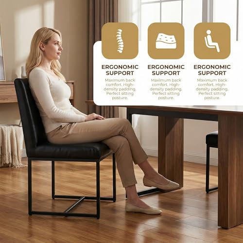 Image of HNY Modern Dining Chairs Set of 2, Upholstered Leather Dining Room Chairs with Ergonomic Back & Metal Frame for Home, Kitchen, Apartment, Black