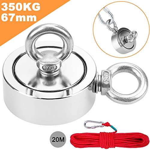 Anpro N52 Double Faces Aimant Pêche Néodyme Puissant Doubles Crochets Diamètre 67mm Epaisseur 25mm Force Traction 350KG Corde Tressée 20M pour Pêche, Récupération,Sauvetage,Industrie dans la Rivière