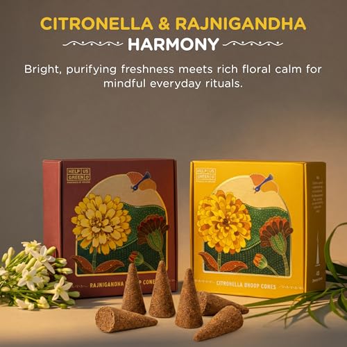 Image of HelpUsGreen Natural Dhoop Cones for Pooja, Mediation, Relaxation - Charcoal-Free Incense Cones with Holder - Lasting Aroma Upcycled Temple Flowers - 2-Pck, 80 Cones, Citronella & Rajni