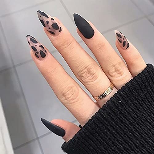 Vaveah Stiletto Press on Nails Medium Length, Acrylic Fake Nails Glue on Nails Medium, False Nails with Glue for Women and Girls (Black Leopard)
