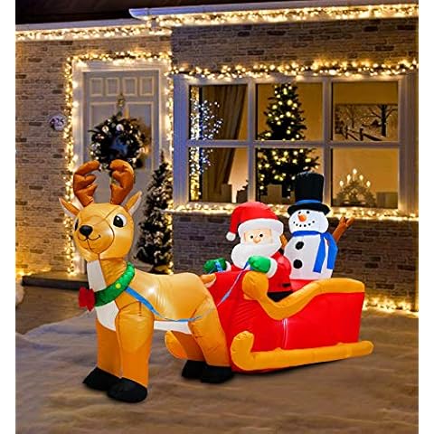 2.0 m Long Inflatable Santa Reindeer Sleigh Decorations Gift with Snowman for Christmas Decoration Light Up Cover
