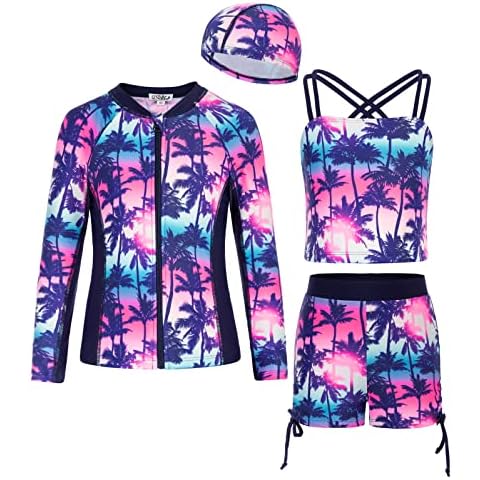 Danna Belle Girl Long Sleeve Swimsuit Floral Rushguard Swimwear 4Pcs Bathing Suits Zipper Size 5-12, Purple-blue, 6-7 Years Cover