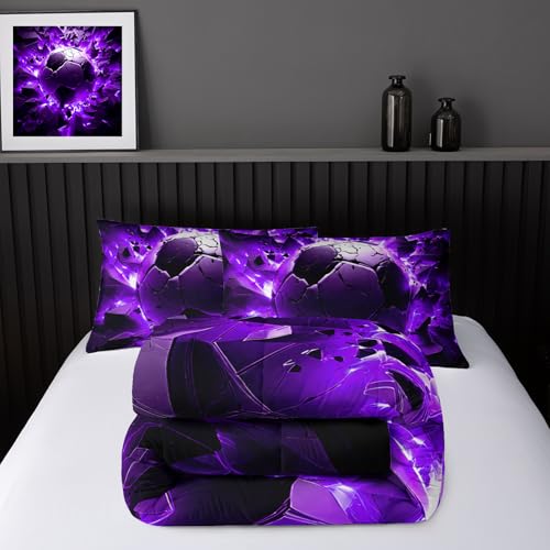 Image of Nttopship Soccer Bedding Comforter Set Full Size for Kids Teens and Adults, Purple and Black Football Printed Bedding Sets 3 PCS,Ball Sports Themed Bedroom Decor with 1 Comforter and 2 Pillowcases