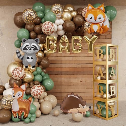 Amandir 137pcs Woodland Animals Baby Shower Decoration Boxes Sage Green Brown Balloon Garland Arch Kit Woodland Themed Animal Foil Balloons for Neutral Forest Jungle Safari Party Supplies