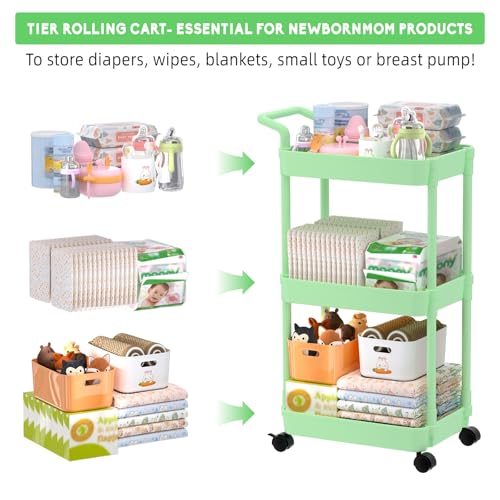 Image of Volnamal 3-Tier Diaper Caddy Organizer, Plastic Diaper Cart, Green | Diaper Organizer for Nursery Essentials, Baby Organizers and Storage, Movable Cart for Changing Table & Crib, Baby Registry