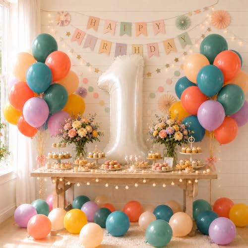 Image of 40 Inch Boho Rainbow Number 1 Balloon Tower for 1st Birthday Decorations