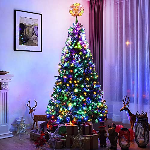 Brizled Angel Tree Topper, 8" Christmas Tree Topper With 11 Count Lights, Tinsel Wreath Tree Topper With 10 Flowers, Plug In Xmas Angel Tree Top Colorful Lighted Treetop For Christmas Tree Home Decor #TOP1