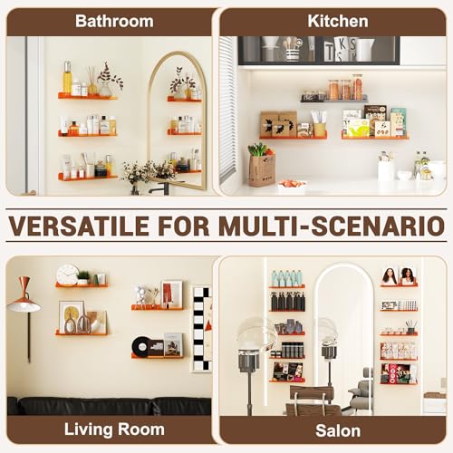 Image of Qukaka Floating Shelves for Wall Decor, 15 inch Wall Shelves for Bedroom, Living Room, Kitchen, Bathroom Decor, Nail Polish /Book /Decoration /Makeup /Perfume Organizer Floating Shelf-3Pack Clear Orange