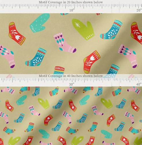 Image of Soimoi Beige Cotton Poplin Fabric Socks & Gloves Folk Art Printed Craft Fabric by the Meter 42 Inch Wide