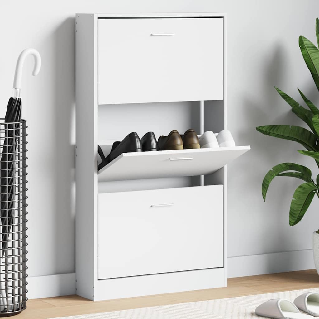 Szafka na buty, biała, materiał drewnopochodny, 59 x 17 x 108 cm, z 3 szufladami, regał na buty, organizer do korytarza, przedpokoju, sypialni, zamknięte przechowywanie zapewnia porządek i