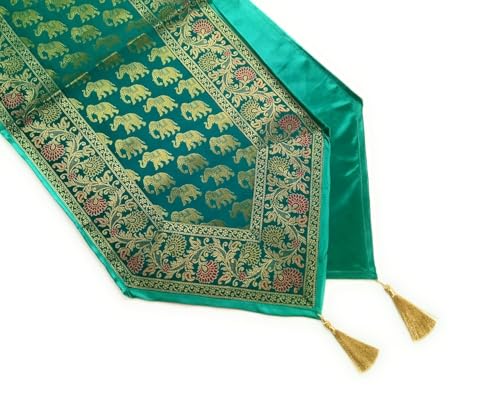 Image of Diwali Room Decor Silk Table Runner Placemats Tea Coaster Set for Living Room 4 to 6 Seater Dinning Table Table Mat Set Centre Table Top Decor Pack of 13 Pcs (Green)