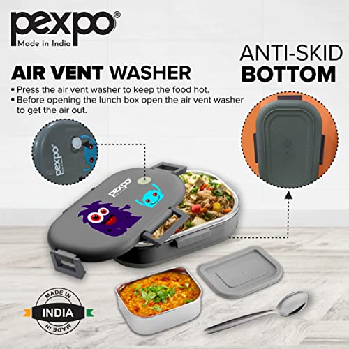 Image of Go24 pexpo Tango Monster(Purple) Print Stainless Steel Insulated Tiffin Box for Kids (650ml) and Small Container (150ml) with Spoon - Grey| | Anti-Skid Rubber Base|Kids Lunch Box for School, Picnic