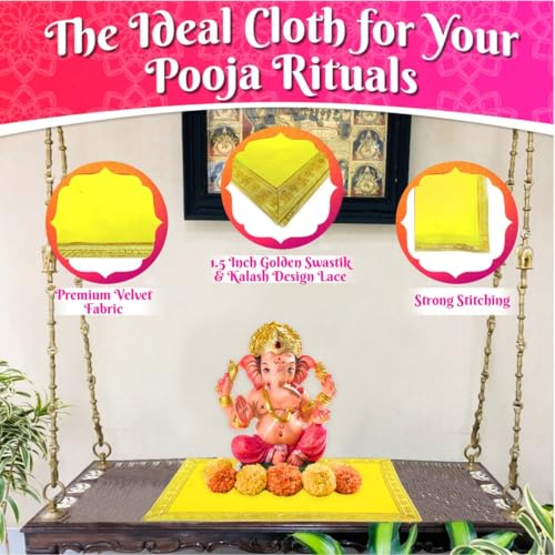 Image of Bhakti Lehar (9 x 13 Inch) Plain Yellow Velvet Pooja Aasan for God Idol /Chowki Aasan Kapda Cloth for Temple Shelf Home Mandir, Ganesh Baithak and God Idol Sitting - Pack of 2