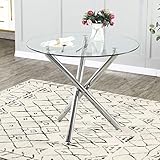 Round Dining Table with Tempered Glass Top - Modern Glass Dining Table Tea Coffee Table Office Kitch