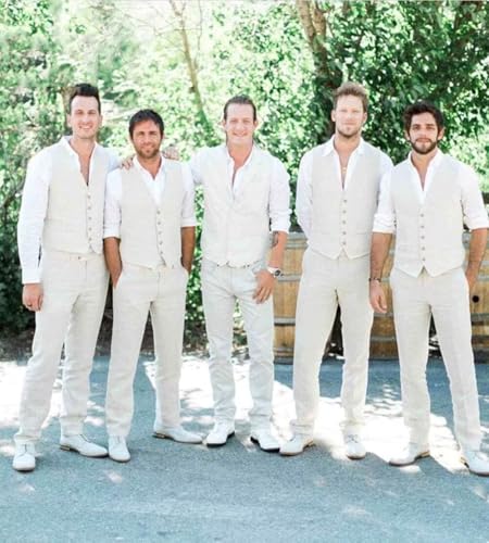 Mens Linen Suit 2 Piece Slim Fit Suits for Men Casual Summer Beach Wedding Suits Linen Outfit Vest Pants Set4