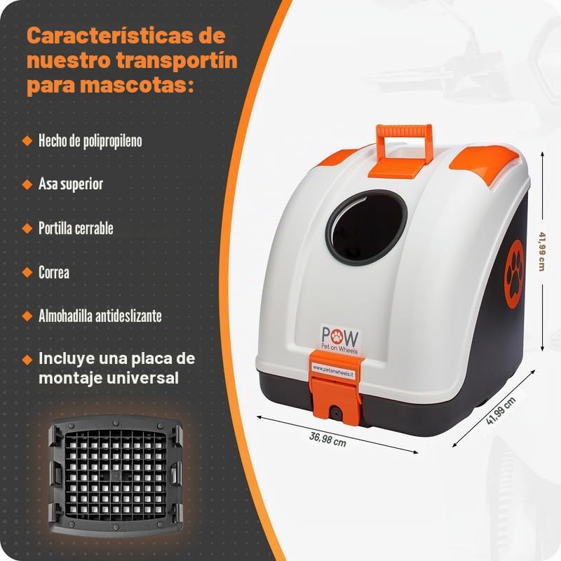 Pow Pet ON Wheels – Transportín para perros y gatos para enganchar en el ciclomotor, motocicleta, bicicleta y apto también para el coche
