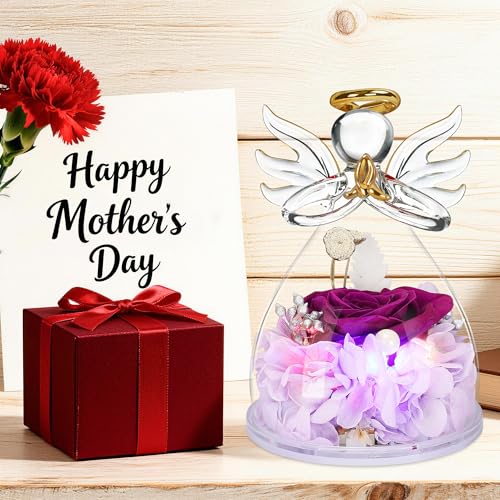Image of Preserved Flowers for Delivery Prime,Birthday Gifts for Women Mom Grandma | Christmas Rose Gifts for Women Her Grandma,Preserved Light Up Rose In Glass Angel Figurines,Wife Mom Women Stocking Stuffers