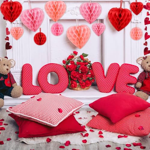 Image of BOARDFEB Valentine's Day Decorations, Engagement Party Decor, Heart Honeycomb Balls Hanging Decorations Pink, Light Pink and Red, Premium Reusable Romantic Proposal Wedding Party Decoration