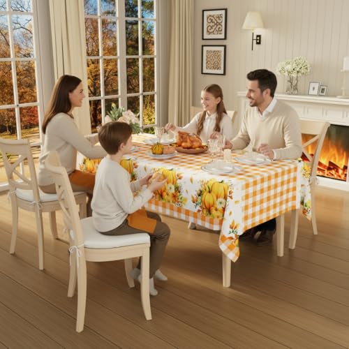 Image of Smiry Plastic Table Cloth Disposable 4 Pack, 54 x 108 Inch Rectangle Waterproof Tablecloth, Printed Gold Table Runner Style for Birthday Weeding, Party Decorations, Sturdy, Orange Pumpkin