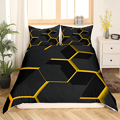 Yellow Honeycomb Duvet Cover Geometric Honeycomb Comforter Cover Hexagon Double Bedding Set Honeycomb Bedspread Cover Simplistic Decor Quilt Cover 3Pcs - Image 2