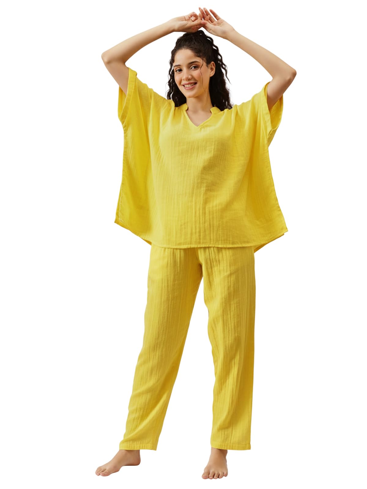 clovia Solid Kaftan Top & Pyjama Set in Yellow Colour-picture-10