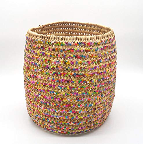 MAISON ANDALUZ Medium Multicoloured sequinned open weave Moroccan basket/Laundry basket - Round shape. ร30 H35cm