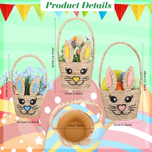 Image of SiliFine 3 Pack Easter Bunny Basket Decor Easter Woven Natural Straw Rabbit Basket with Handle Wicker Bunny Picnic Baskets Table Decor Cute Egg Hunt Baskets for Spring Party Supplies Gifts, 3 Sizes