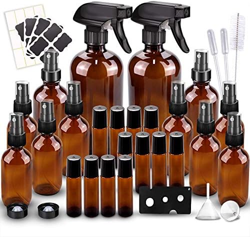 BonyTek Glass Spray Bottle Kit×12 (2×16oz, 2×4oz, 8×2oz), 12×10ml Roller Bottles, Anti UV, Multi Size and Versatile, Suitable for Aromatherapy, Facial Moisturizing, Watering, etc.(Amber)
