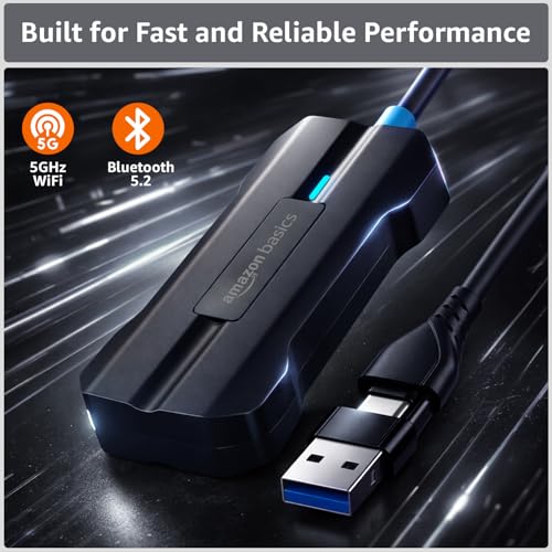 Image of Amazon Basics Car Play with Extension & Type C Converter | Converts Wired Auto Android & CarPlay to Wireless | Bluetooth Connectivity | Only for Cars with OEM Installed | Black