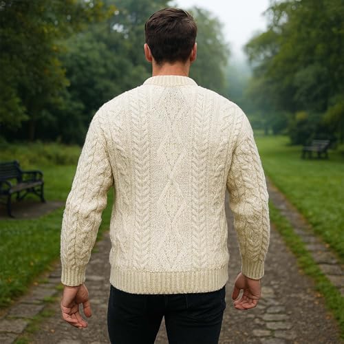 100% Pure British Wool Jumper for Men - Cable Knit, Crew Neck Arran Jumper - Heavy Knit Pullover - Round Neck Winter Sweater2