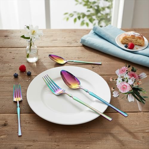 Image of Elegant Handle Rainbow 4 Pcs Stainless Steel Cutlery Set for Dining Table, Dishwasher Safe Glossy Flatware (1 Spoon Set+1 Forks Set+1 Butter Knife+1 Dessert Spoon)