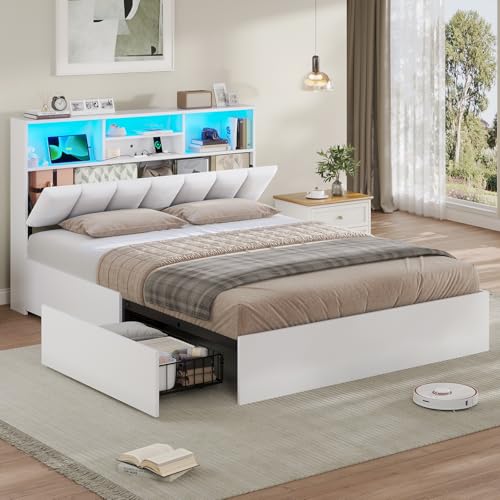 AOGLLATI Lit Coffre 140×190 cm avec Ports USB et éclairage LED, Lit 2 Personnes avec 4 Grands Tiroirs, Tête de lit capitonnée avec Rangement, Structure en...