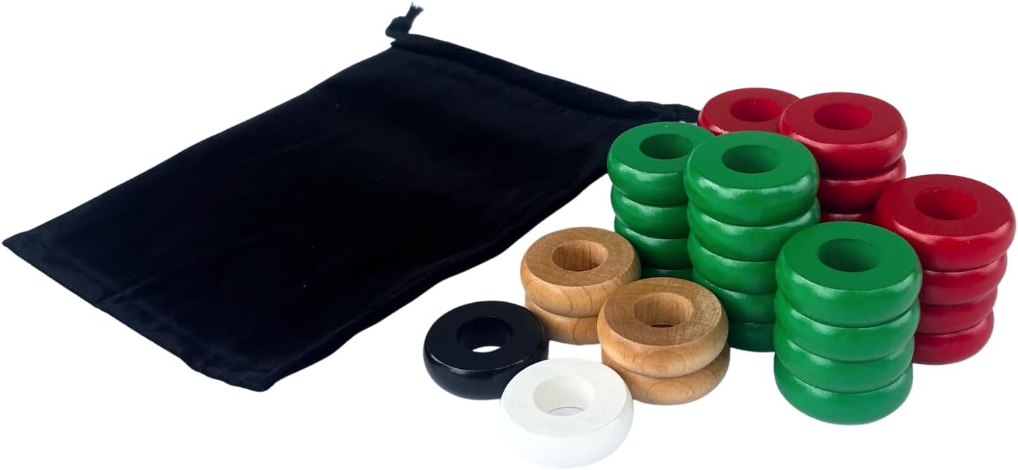 32 Red and Green Carrom and Pichenotte Board Game Rings with a Pouch (Small Rings โ 1 1/8 inch Diameter (2.9cm))
