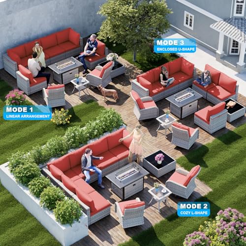 Image of 11-Piece Patio Furniture Set, Outdoor Patio Furniture with 55,000 BTU Fire Pit Table, Swivel Chairs Set, Thick Cushions, Modular Patio Sofa, Dual-Strand Wicker Rattan, Rust-Resistant Frame, Red
