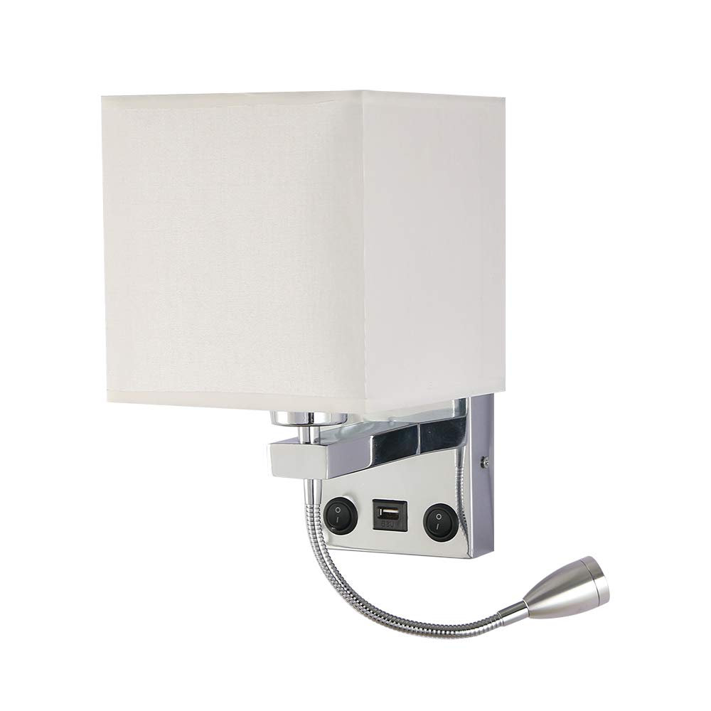 ALLOMN Nachtwandleuchte, LED Lesewandleuchte Moderne Wandleuchte aus Poliertem Chrom mit Verstellbarem Schwanenhalsstrahler, Doppelschalter, mit USB-Anschluss zum Laden von E27 (Mit USB, 2 Stck)